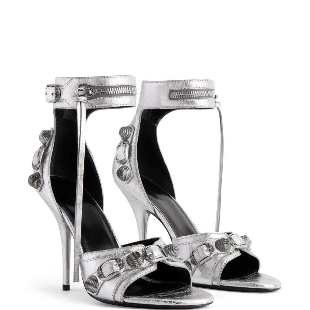 Balenciaga Cagole 110mm Metallic Crinkled-Leather Sandals – Silver